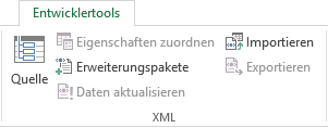 XML-Befehle auf der Registerkarte 'Entwicklertools'