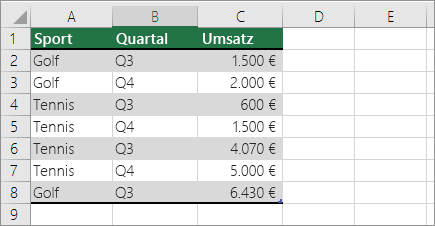 Beispieldaten für PivotTable