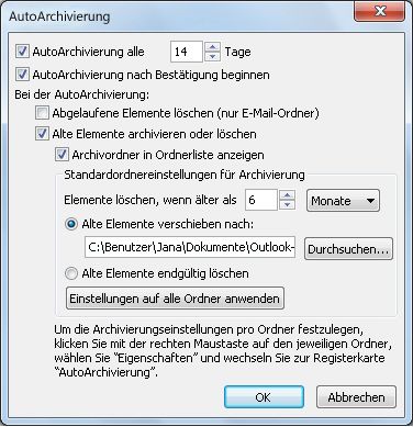 Einstellungen für die AutoArchivierung (Dialogfeld)