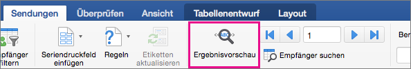 Auf der Registerkarte "Sendungen" ist "Vorschau Ergebnisse" hervorgehoben.