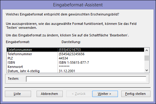 Eingabeformat-Assistent in Access-Desktopdatenbank