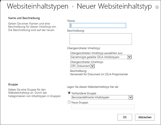 Dialogfeld zum Erstellen von Inhaltstypen