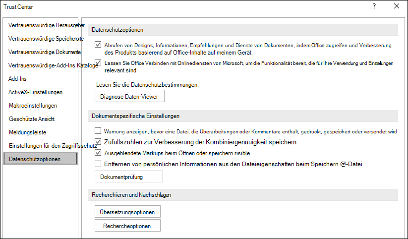 Datenschutzoptionen für Office Trust Center