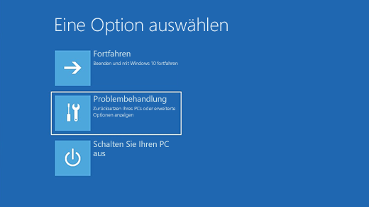 Wählen Sie einen Bildschirm „Option auswählen” in der Windows-Wiederherstellungsumgebung aus.