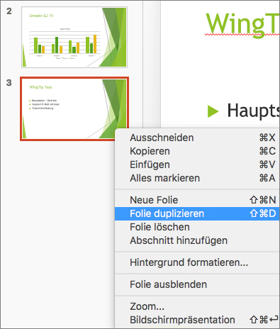 Der Screenshot zeigt eine ausgewählte Folie und im Kontextmenü die ausgewählte Option "Folie duplizieren".