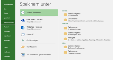 "Speichern unter"-Seite mit "Zuletzt verwendet" ausgewählt