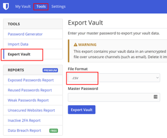 Option zum Exportieren des Tresors in Bitwarden