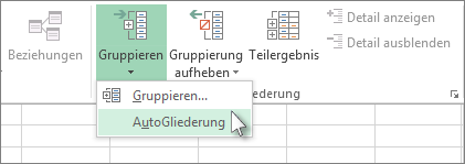 Klicken Sie auf den Pfeil unter 'Gruppieren' und dann auf 'AutoGliederung'