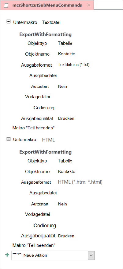 Screenshot eines Makros in Access mit zwei Untermakros