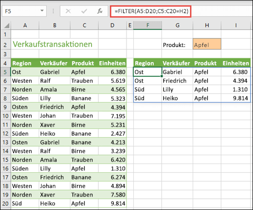 FILTER-Funktion – Filtern von "Region" nach "Produkt" ("Apfel")