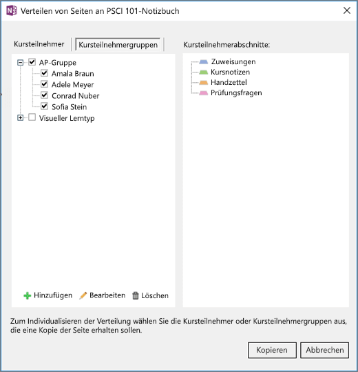 Der Bereich Seiten verteilen im Kursnotizbuch enthält eine Liste von Kursteilnehmergruppen mit Kontrollkästchen und eine Liste der Zielabschnitte in den Notizbüchern der Kursteilnehmer.