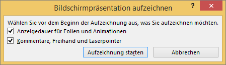 Zeigt das Dialogfeld "Bildschirmpräsentation aufzeichnen" in PowerPoint.