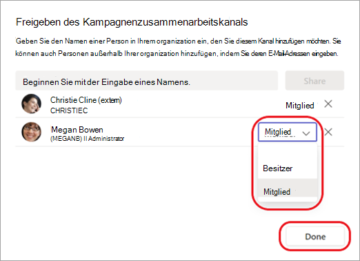 Screenshot: Ändern eines Kanalmitglieds in einen Kanalbesitzer