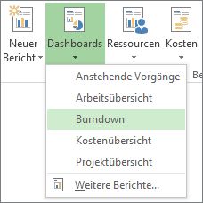 Menü 'Dashboard' auf der Registerkarte 'Bericht'