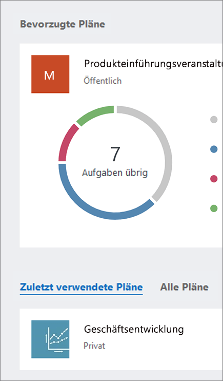 Screenshot der Abschnitte "Bevorzugte Pläne" und "Alle Pläne" des Planner-Dashboards