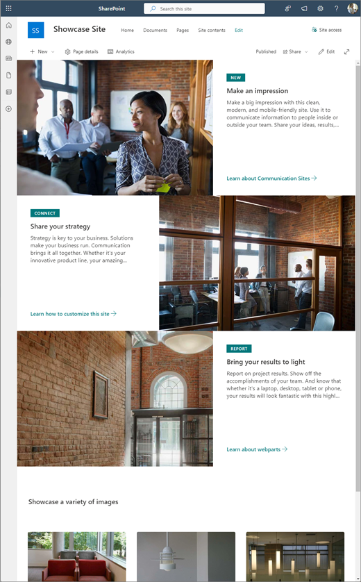 Showcase-Design für SharePoint-Kommunikationswebsite