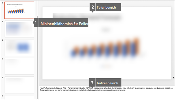 Miniaturansichtsbereich, Folienbereich und Notizenbereich in PowerPoint für Mac