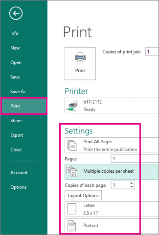 Auf 'Datei, Drucken' klicken, um Einstellungen zum Drucken in Publisher 2013 anzuzeigen