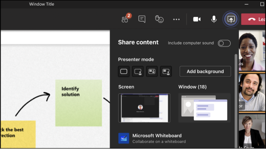 Sie können ein Whiteboard freigeben, um es für jeden in einer Teams-Besprechung verfügbar zu machen. 