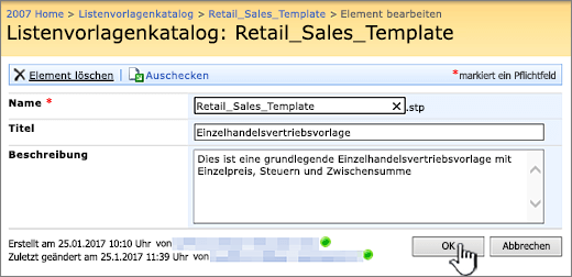 Dialogfeld zum Bearbeiten einer Listenvorlage