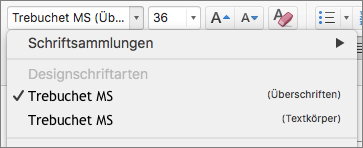 Der Screenshot zeigt die Designschriftarten-Optionen für Überschriften und Textkörper, die über das Dropdownfeld "Schriftart" in der Gruppe "Schriftart" auf der Registerkarte "Start" zur Verfügung stehen.