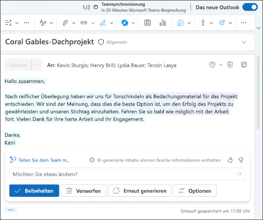 Ein Text „Hallo zusammen, nach reiflicher Überlegung“ aus einem E-Mail-Entwurf. Wählen Sie aus, ob das Copilot-Ergebnis beibehalten, neu generiert, angepasst oder verworfen werden soll.