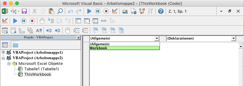 VBE-Editor mit Objektauswahl-Dropdownliste