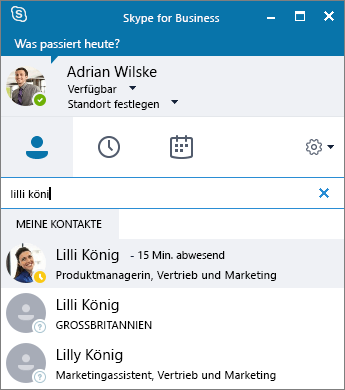 Screenshot des Skype for Business-Fensters während der Suche nach einem Kontakt, der hinzugefügt werden soll