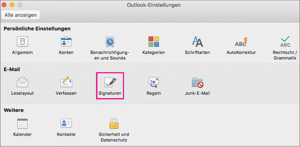 Schaltfläche "Signaturen" in den Einstellungen