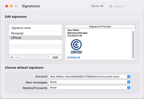 Fenster "Standardsignaturen" Outlook für Mac