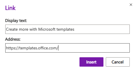 Das Dialogfeld Link einfügen in OneNote für das Web.