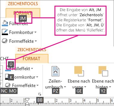 Neue Tastenkombinationen, Verwenden von Doppelbuchstaben, Öffnen der Registerkarte 'Zeichentools'