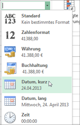 Befehl 'Kurzes Datum' im Katalog 'Zahlenformat'