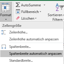 Abbildung der Optionen "Start" > "Format" > "Spaltenbreite automatisch anpassen"