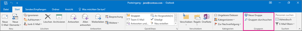 Optionen in "Gruppen" im Hauptmenüband von Outlook