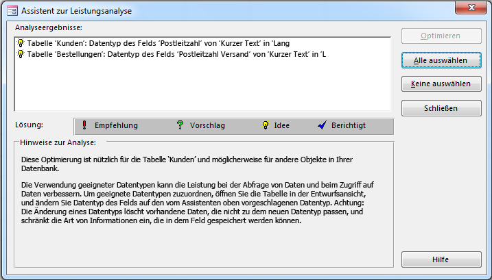 Dialogfeld "Assistent zur Leistungsanalyse" mit den Ergebnissen nach Ausführung in einer Access-Datenbank