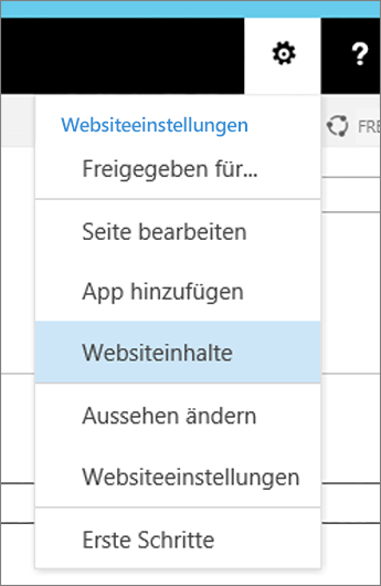 Menü "Einstellungen", "Websiteinhalt" hervorgehoben