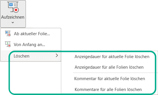 Die Befehle für "Löschen" auf der Menüschaltfläche "Bildschirmpräsentation aufzeichnen" in PowerPoint.