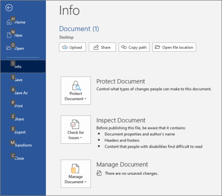 Seite "Info" im Menü "Datei" von Word für Windows