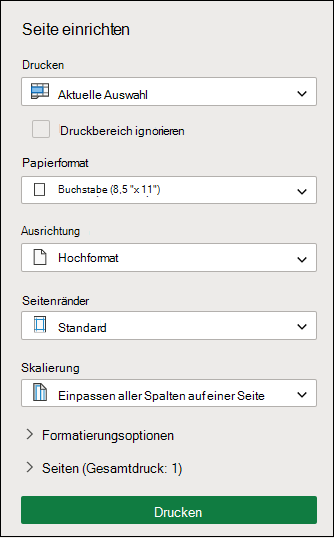 Aktuelle Auswahl in Excel für das Web drucken