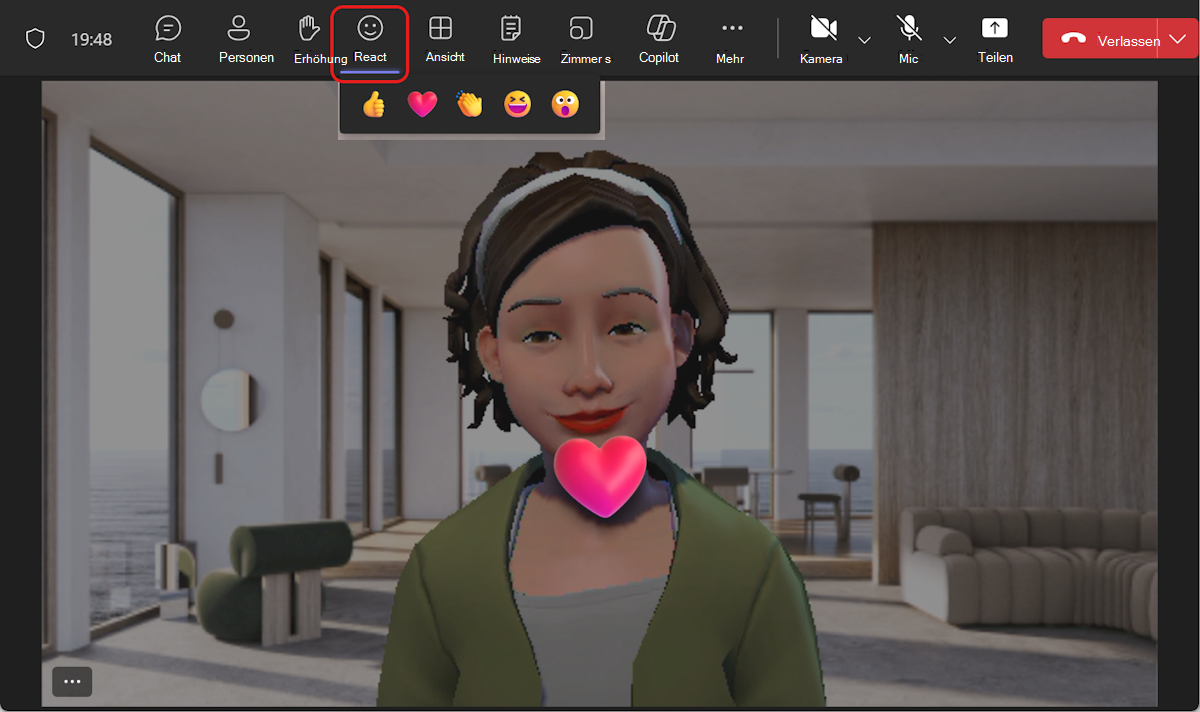 Avatare können direkt über das Teams-Besprechungsmenü reagieren