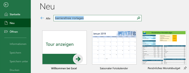 Neue Registerkarte des Menüs "Datei" mit verwendetem Suchfeld "Nach Onlinevorlagen suchen"