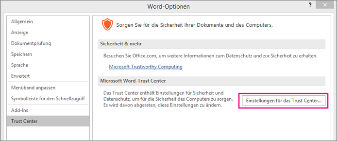 Die Option "Einstellungen für das Trust Center" ist hervorgehoben.