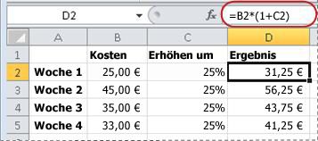 Beispiel für eine Formel zum Berechnen eines Prozentsatzes