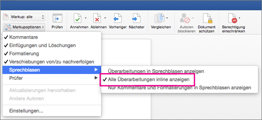 "Alle Überarbeitungen inline anzeigen" ist hervorgehoben