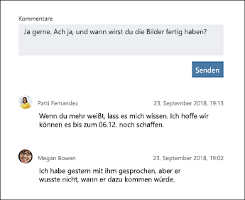 Screenshot des Abschnitts "Kommentare" einer Planner-Aufgabe