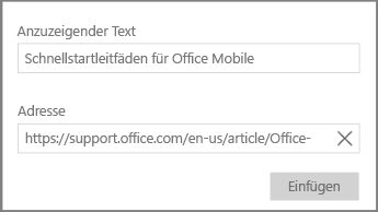 Screenshot des Dialogfelds zum Hinzufügen eines Hypertextlinks in OneNote für Windows 10.