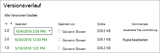 Dialogfeld "Versionsverlauf" mit drei Versionen