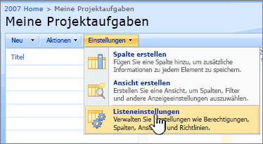 Klicken Sie auf die Schaltfläche "Einstellungen" und dann auf "Listeneinstellungen".