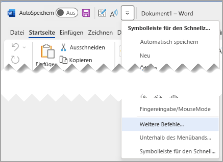 Anpassen der Symbolleiste für den Schnellzugriff mit hervorgehobener Option "Weitere Befehle"